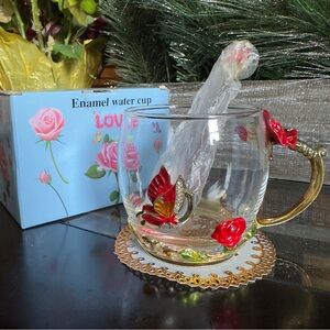 Floral Glass Mug with Butterfly Accent